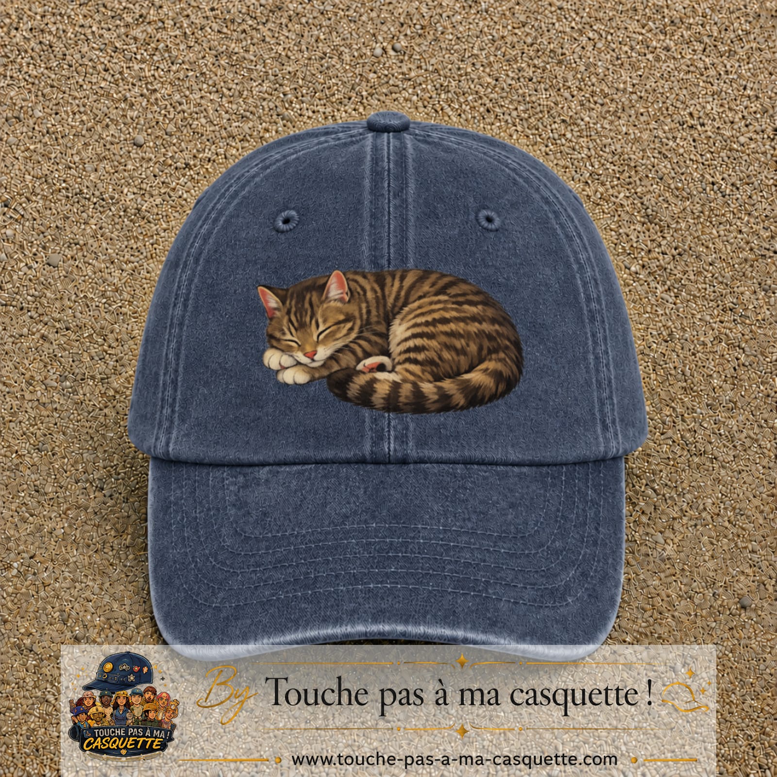 Casquette baseball Bleu marine délavé 100% coton avec motif Chat endormi 7 cm - image principale