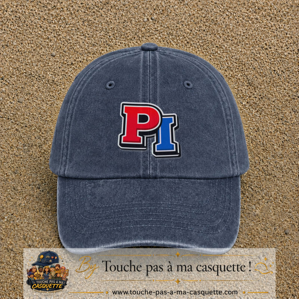 Casquette Bleu marine délavé 100% coton avec motif Initiales PI rouge et bleu 7 cm - image principale