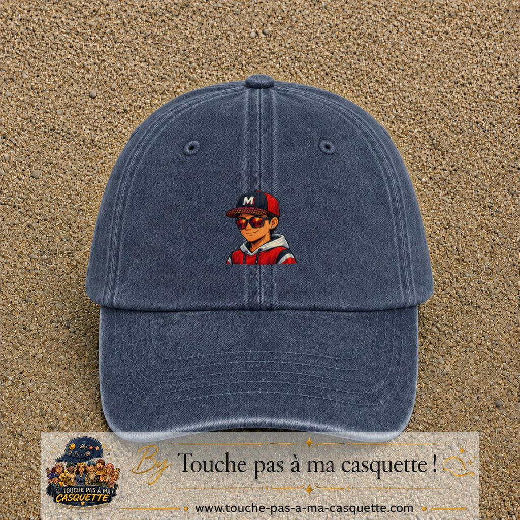 Casquette Bleu marine délavé 100% coton avec motif Garçon casquette rouge et lunettes 5 cm - image principale