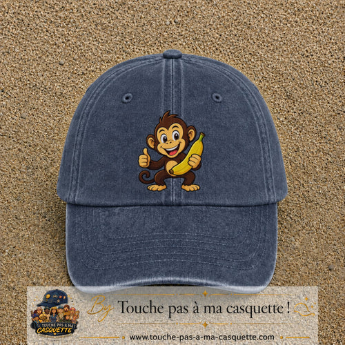 Casquette baseball Bleu marine délavé 100% coton avec motif Singe à la banane 7 cm - image principale