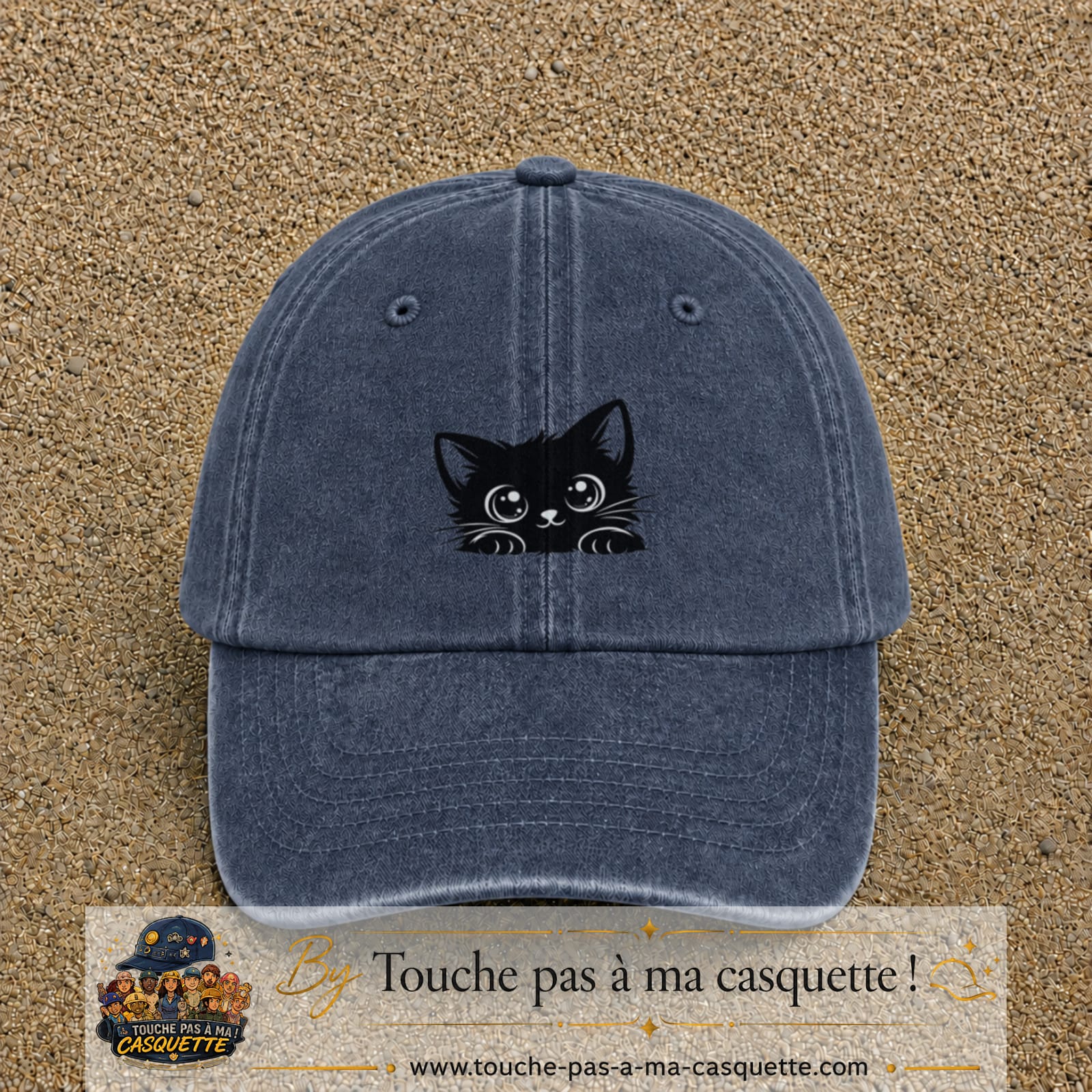 Casquette baseball Bleu marine délavé 100% coton avec visuel Chaton noir kawaii 5 cm - image produit principale