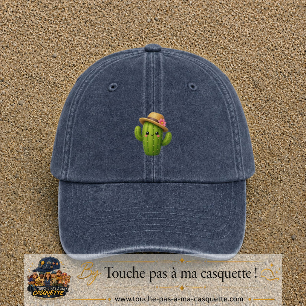 Casquette baseball Bleu marine délavé 100% coton avec visuel Cactus kawaii chapeau 5 cm - image produit principale