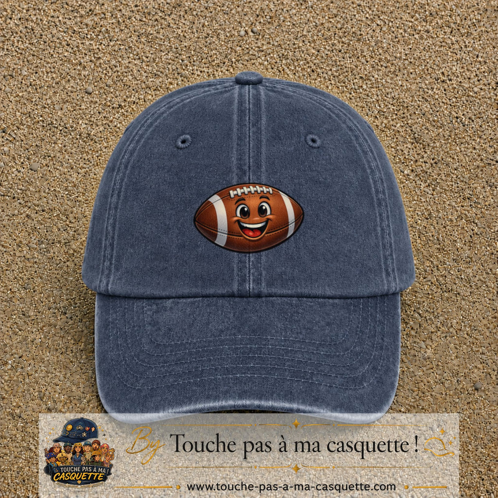 Casquette Bleu marine délavé 100% coton avec motif Ballon de rugby sourire 5 cm - image principale
