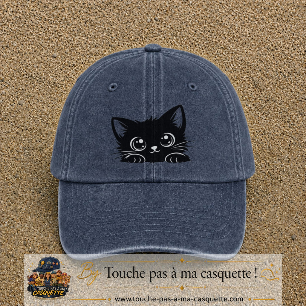 Casquette Bleu marine délavé motif Chaton malicieux 7 cm - vue principale