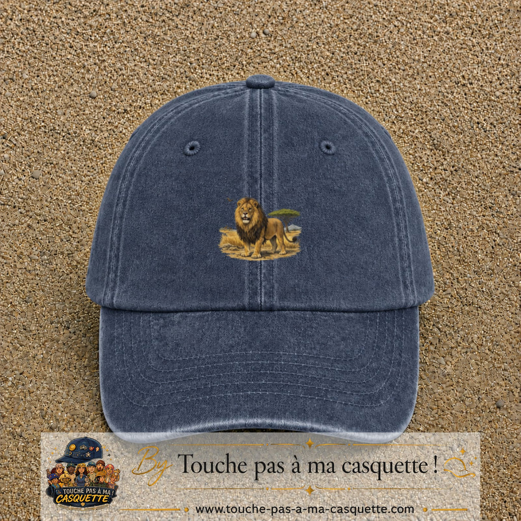 Casquette baseball Bleu marine délavé 100% coton avec motif Lion de savane 5 cm - image principale