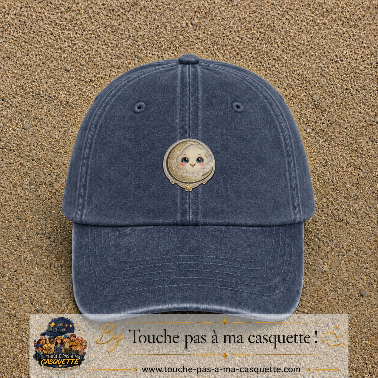 Casquette Bleu marine délavé motif Lune kawaii 5 cm - vue principale