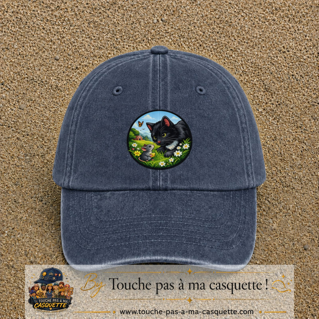 Casquette baseball Bleu marine délavé 100% coton avec visuel Chat noir et souris 7 cm - image produit principale