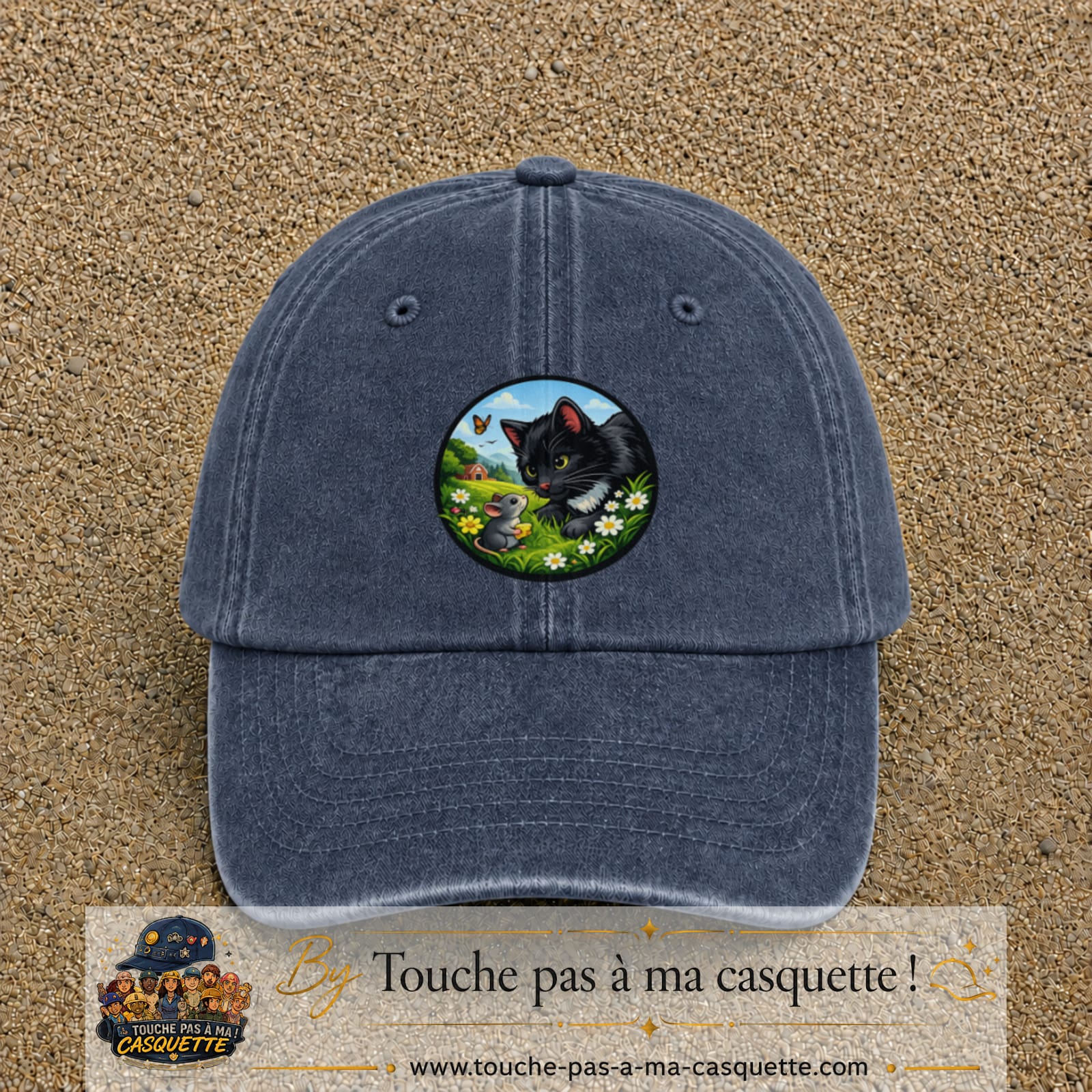 Casquette baseball Bleu marine délavé 100% coton avec visuel Chat noir et souris 7 cm - image produit principale