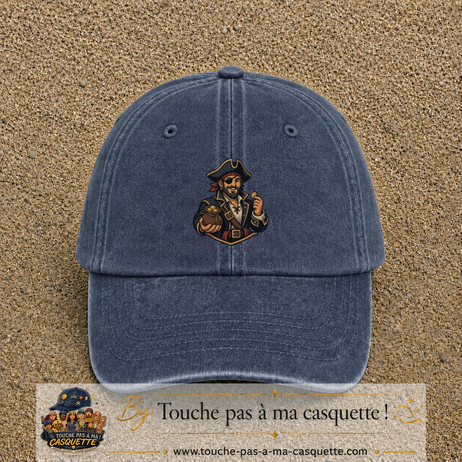Casquette baseball Bleu marine délavé 100% coton avec visuel Pirate au trésor 7 cm - image produit principale