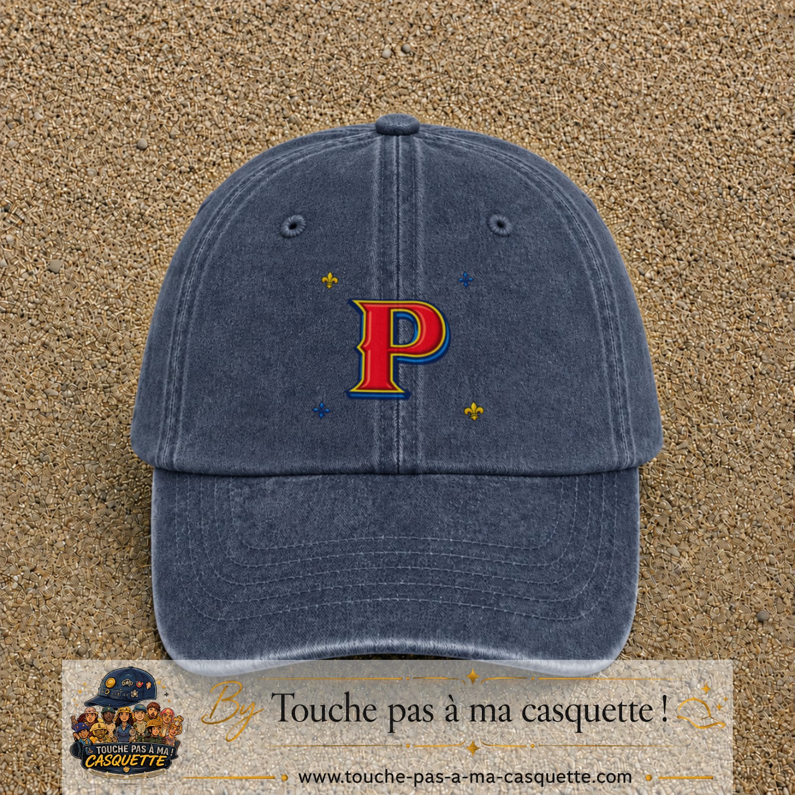Casquette Bleu marine délavé 100% coton avec motif Lettre P rouge et bleu 7 cm - image principale