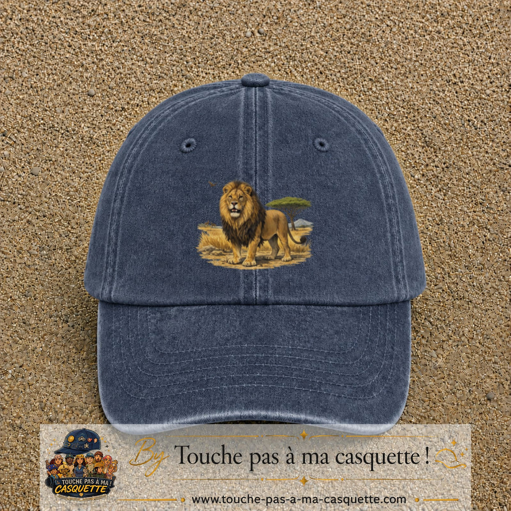 Casquette baseball Bleu marine délavé 100% coton avec motif Lion de savane 7 cm - image principale