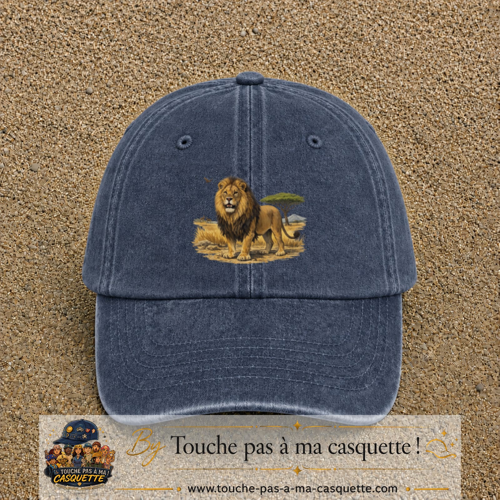 Casquette baseball Bleu marine délavé 100% coton avec motif Lion de savane 7 cm - image principale