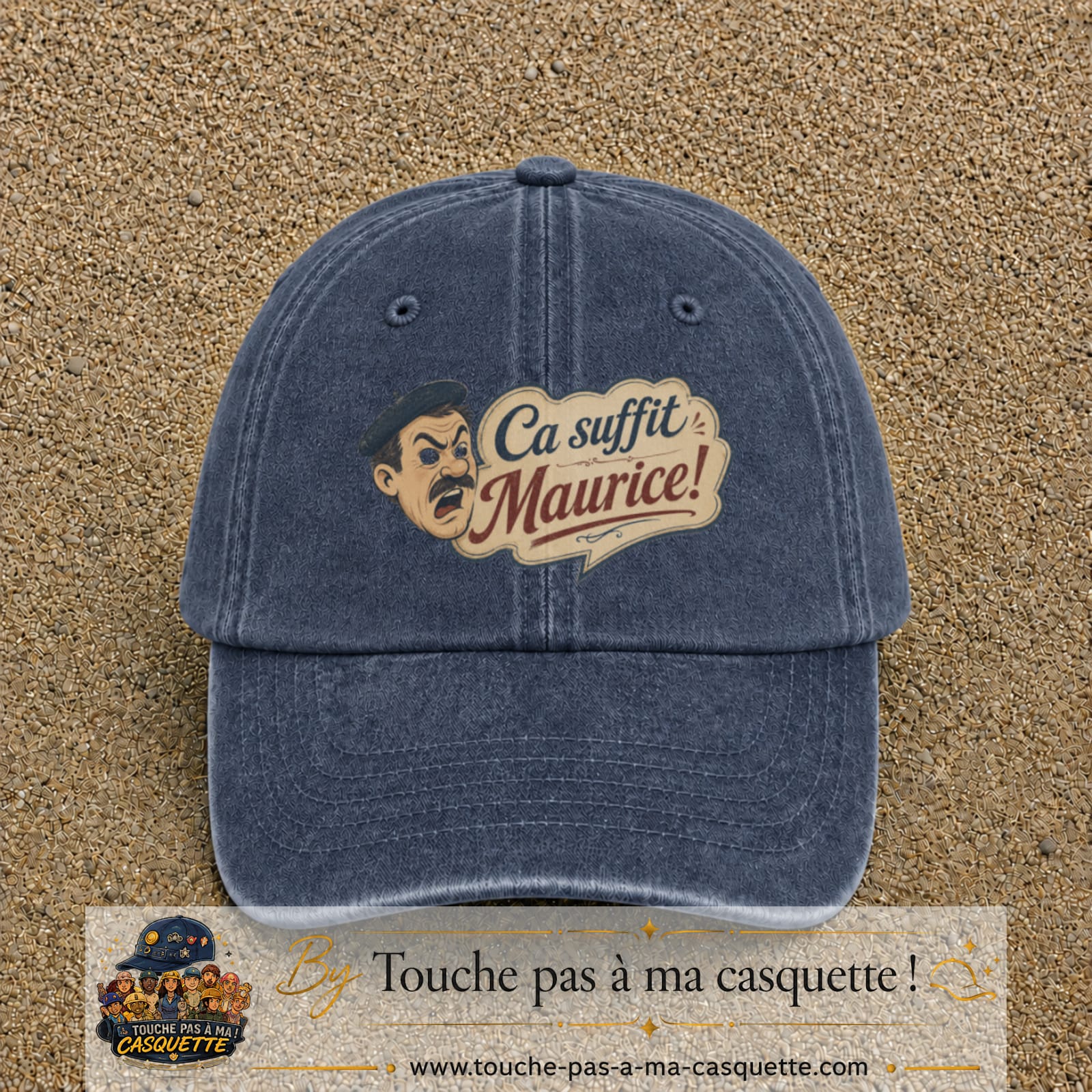 Casquette baseball Bleu marine délavé 100% coton avec visuel Ça suffit Maurice avec personnage 7 cm - image produit principale