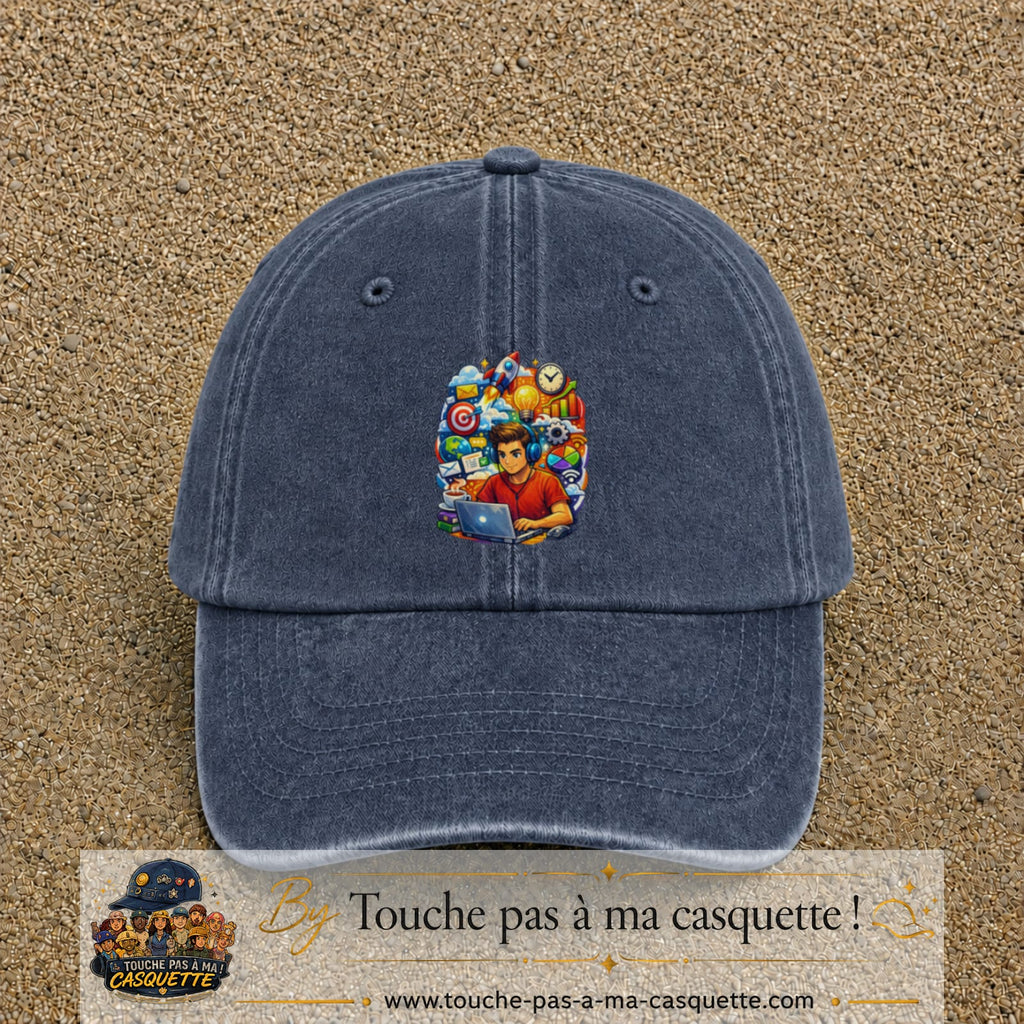Casquette Bleu marine délavé 100% coton avec motif Créateur digital au laptop 7 cm - image principale