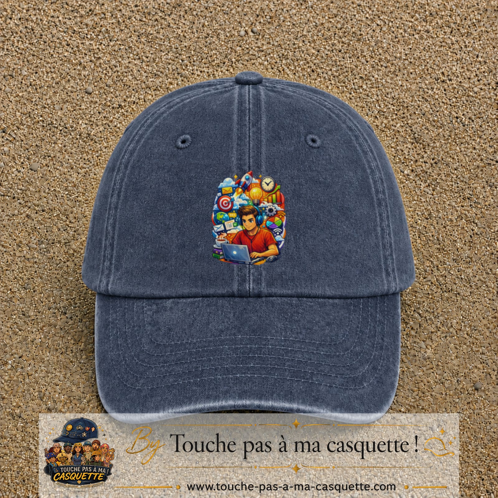 Casquette Bleu marine délavé 100% coton avec motif Créateur digital au laptop 7 cm - image principale
