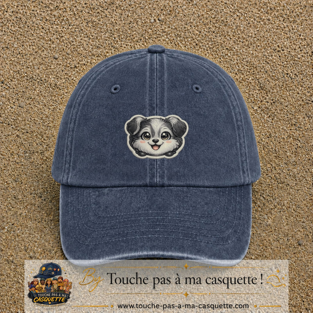 Casquette Bleu marine délavé motif Chiot peluche 5 cm - vue principale