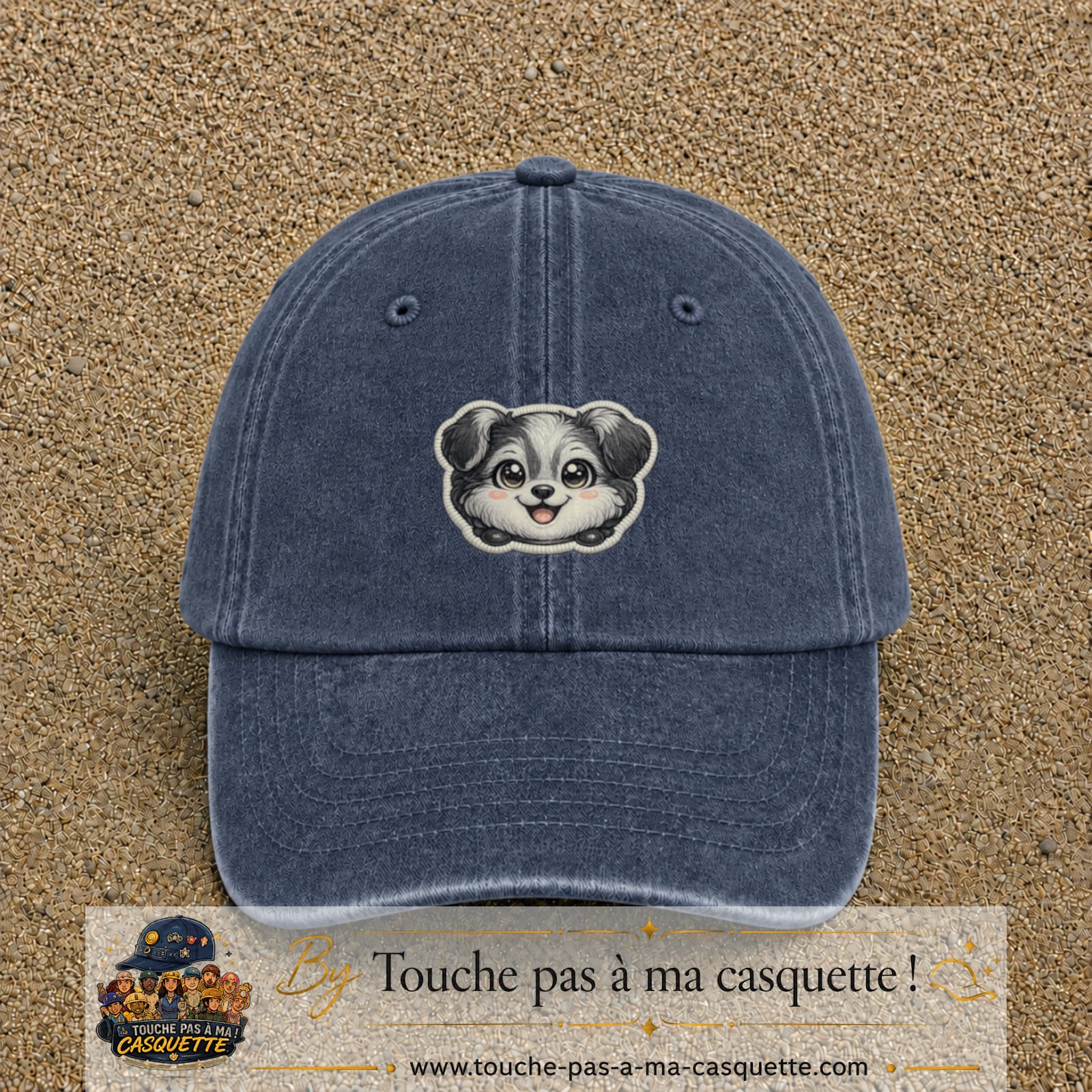 Casquette Bleu marine délavé motif Chiot peluche 5 cm - vue principale