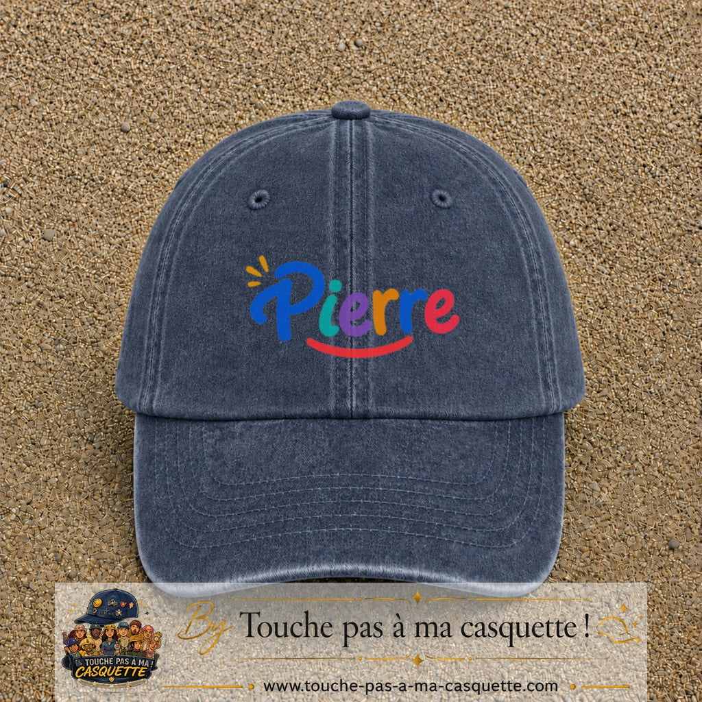 Casquette baseball Bleu marine délavé 100% coton avec visuel Prénom Pierre coloré 5 cm - image produit principale