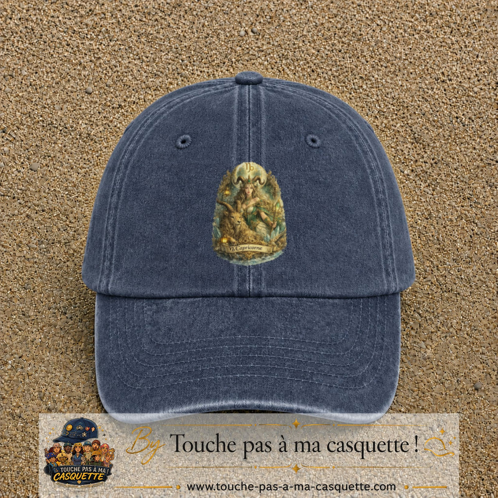 Casquette baseball Bleu marine délavé 100% coton avec motif Capricorne astrologique 7 cm - image principale