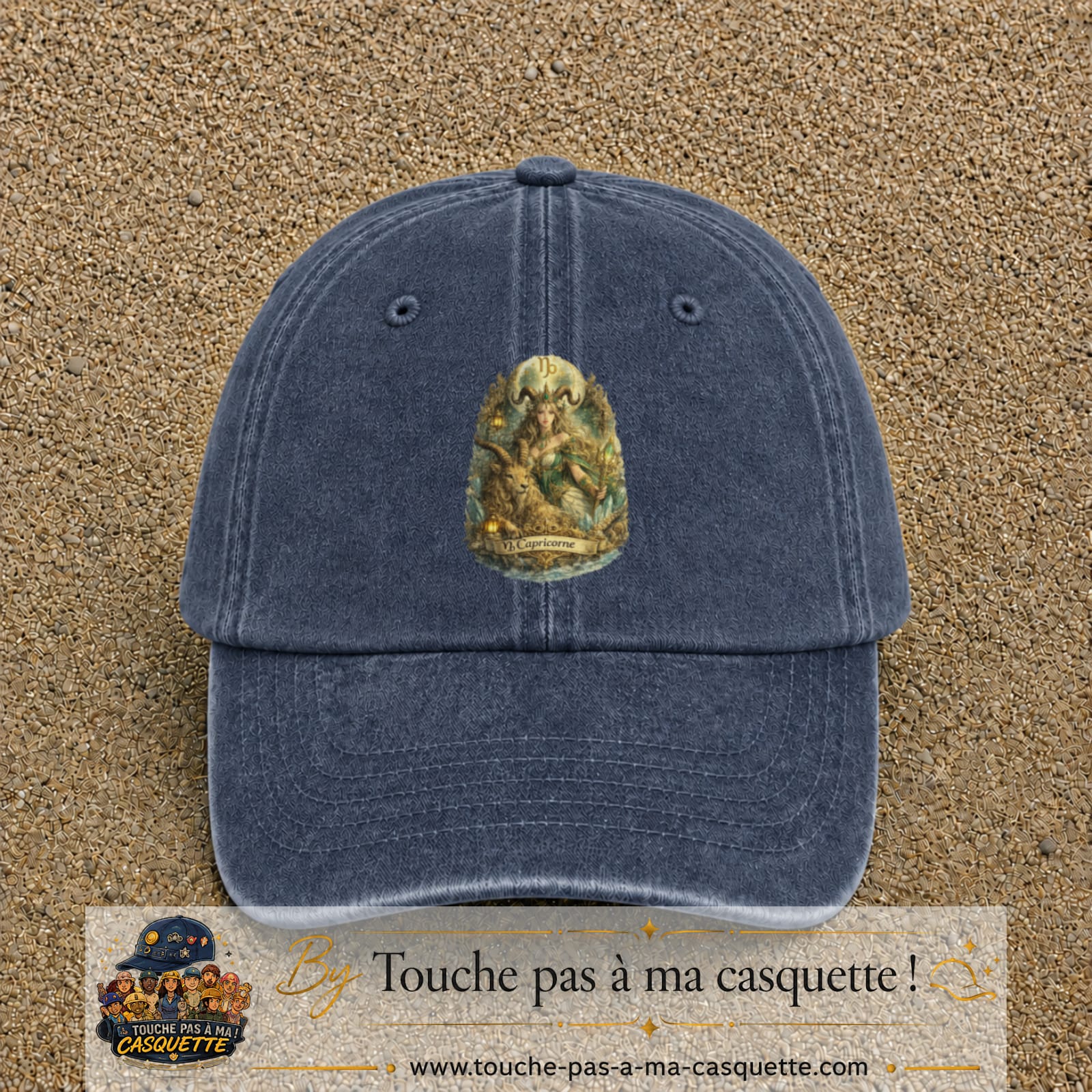 Casquette baseball Bleu marine délavé 100% coton avec motif Capricorne astrologique 7 cm - image principale