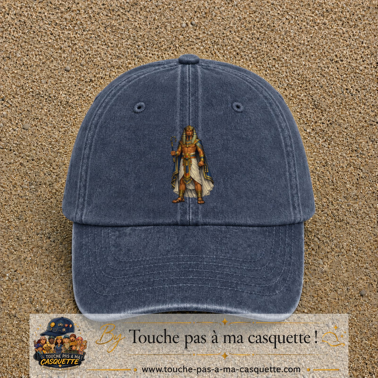 Casquette baseball Bleu marine délavé 100% coton avec motif Pharaon égyptien 7 cm - image principale