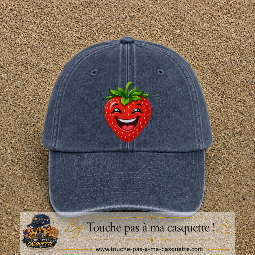 Casquette baseball Bleu marine délavé 100% coton avec motif Fraise souriante 7 cm - image principale