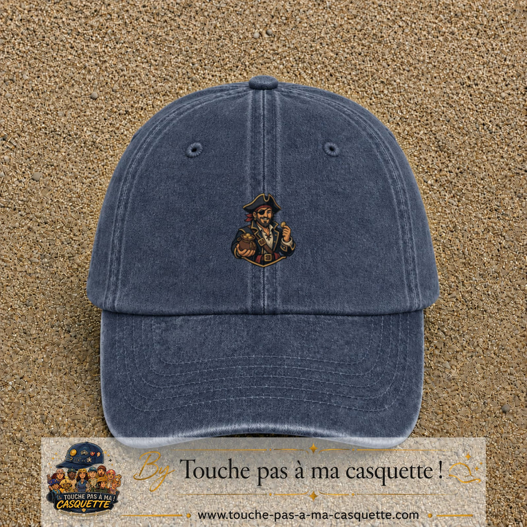 Casquette baseball Bleu marine délavé 100% coton avec visuel Pirate au trésor 5 cm - image produit principale