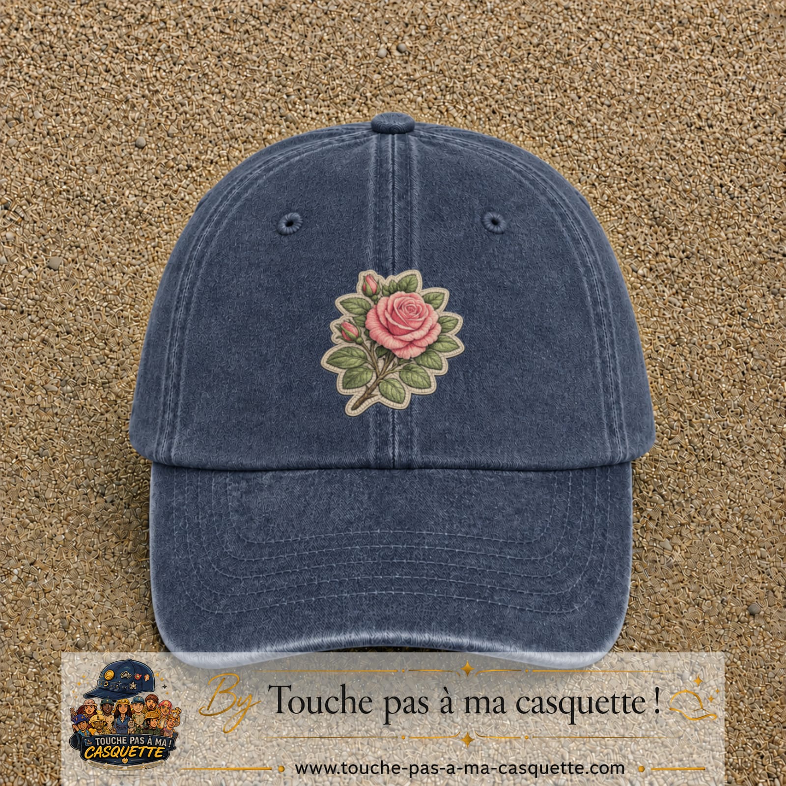Casquette Bleu marine délavé motif Bouquet de rose 7 cm - vue principale