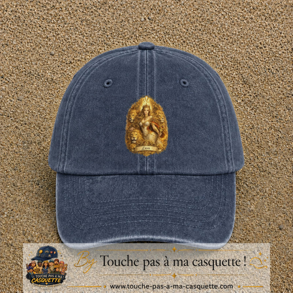Casquette baseball Bleu marine délavé 100% coton avec motif Lion astrologique 7 cm - image principale