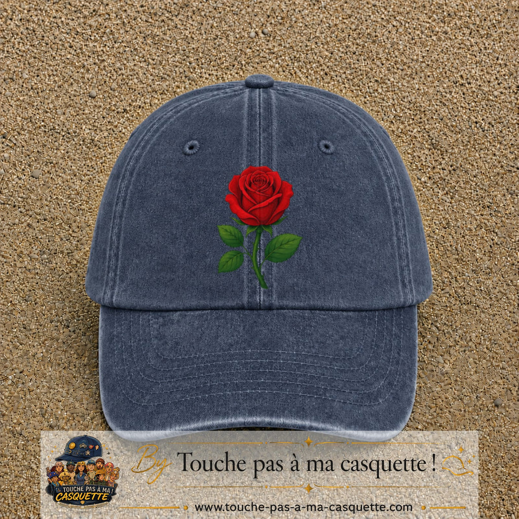 Casquette baseball Bleu marine délavé 100% coton avec motif Fleur de rose 7 cm - image principale