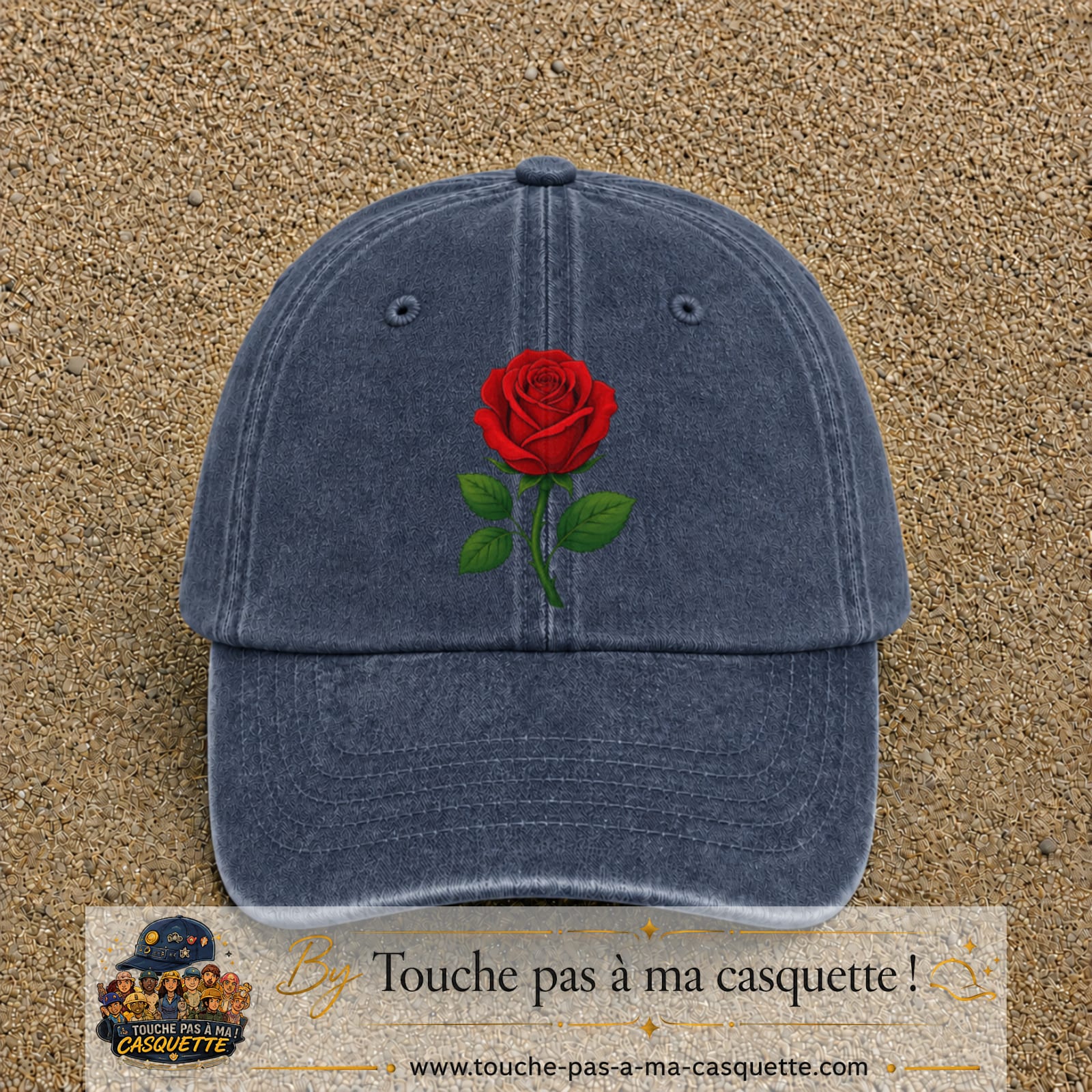 Casquette baseball Bleu marine délavé 100% coton avec motif Fleur de rose 7 cm - image principale