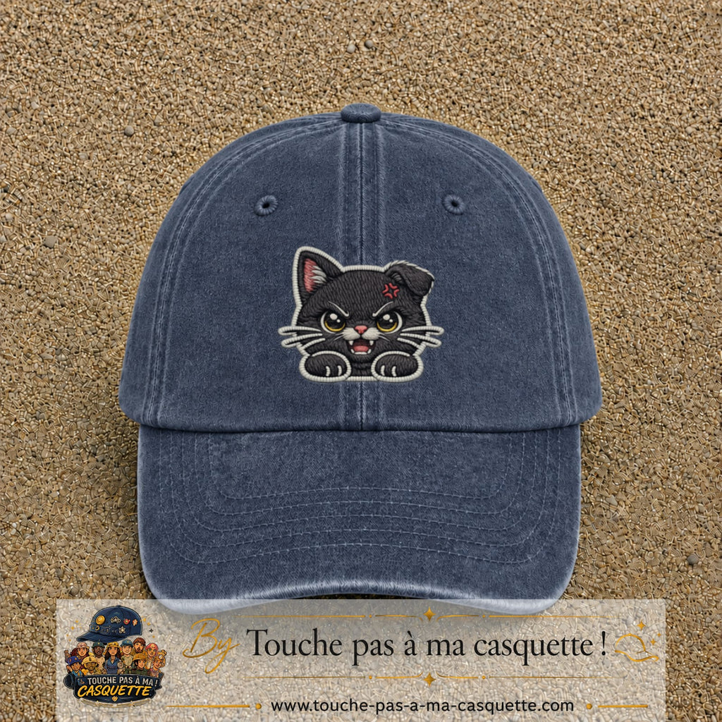 Casquette Bleu marine délavé motif Chaton grognon 7 cm - vue principale