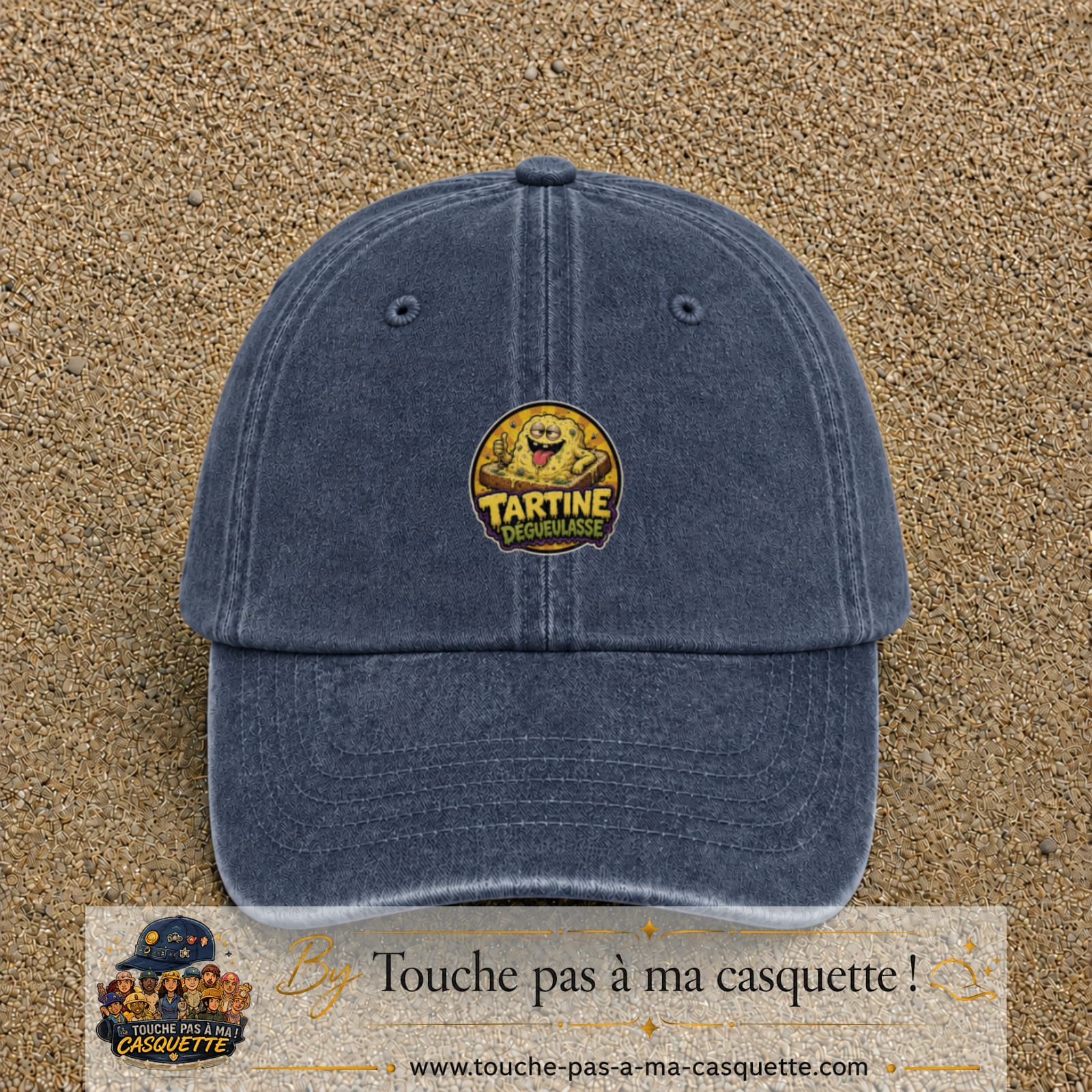 Casquette baseball Bleu marine délavé 100% coton avec visuel Tartine dégueulasse 5 cm - image produit principale