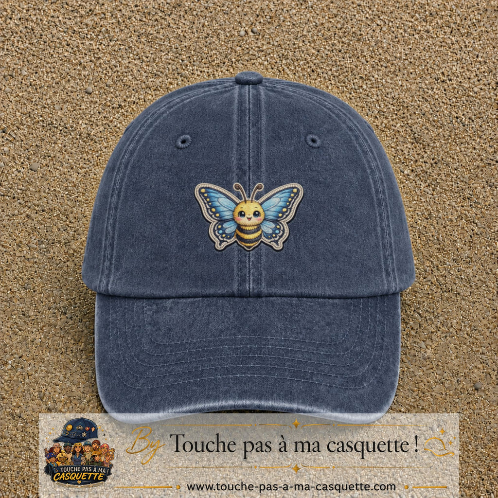 Casquette Bleu marine délavé motif Abeille papillon 5 cm - vue principale