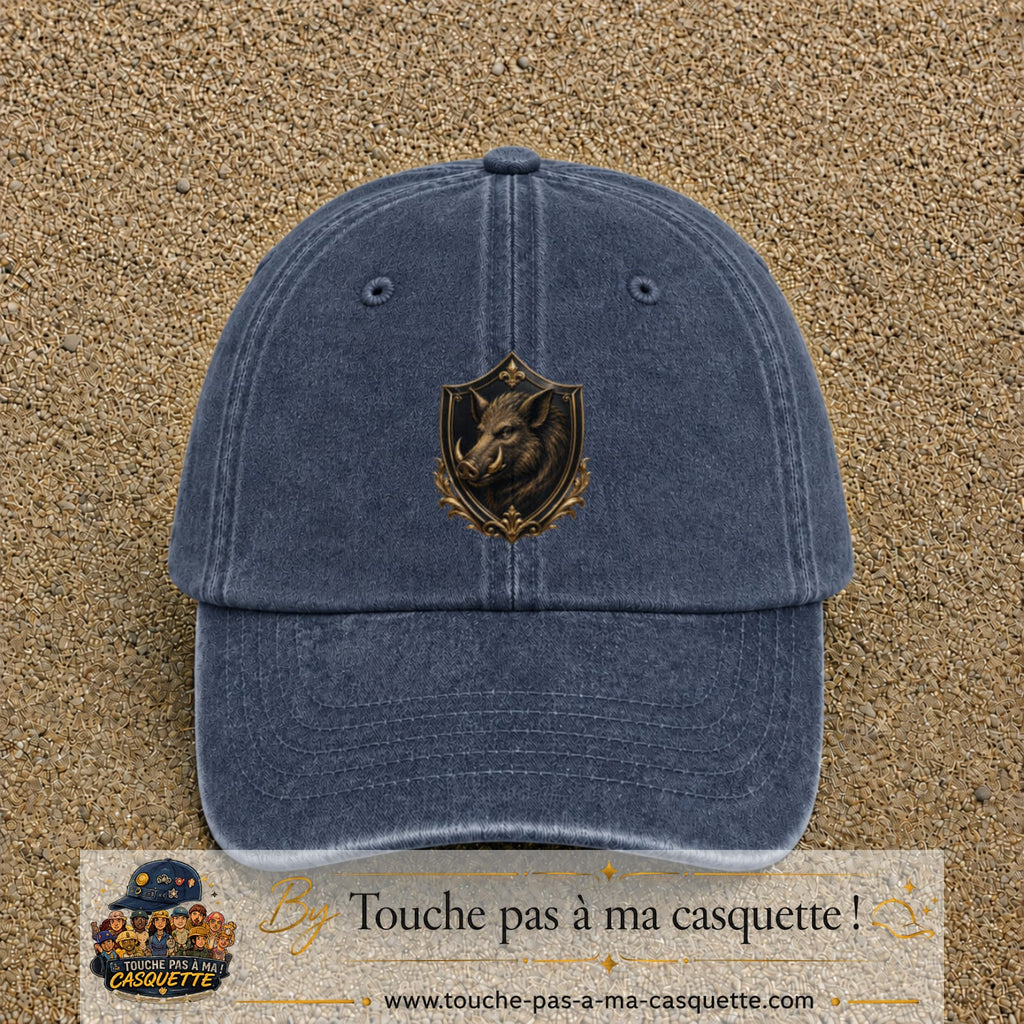 Casquette baseball Bleu marine délavé 100% coton avec visuel Écusson sanglier 7 cm - image produit principale