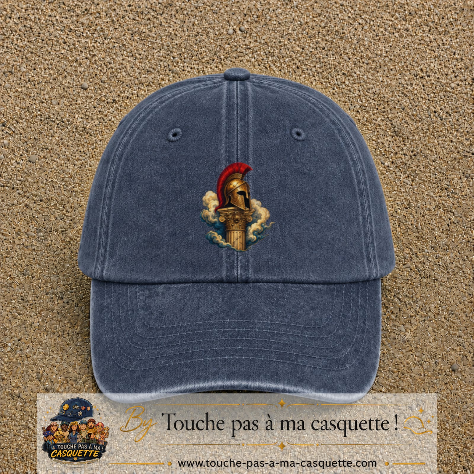 Casquette Bleu marine délavé 100% coton avec motif Casque spartiate sur colonne 7 cm - image principale