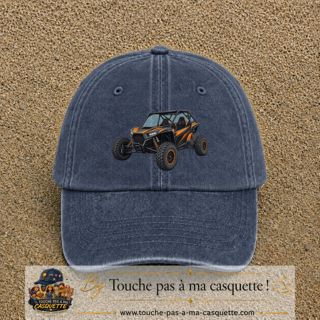 Casquette Bleu marine délavé 100% coton avec motif Buggy tout-terrain orange 7 cm - image principale