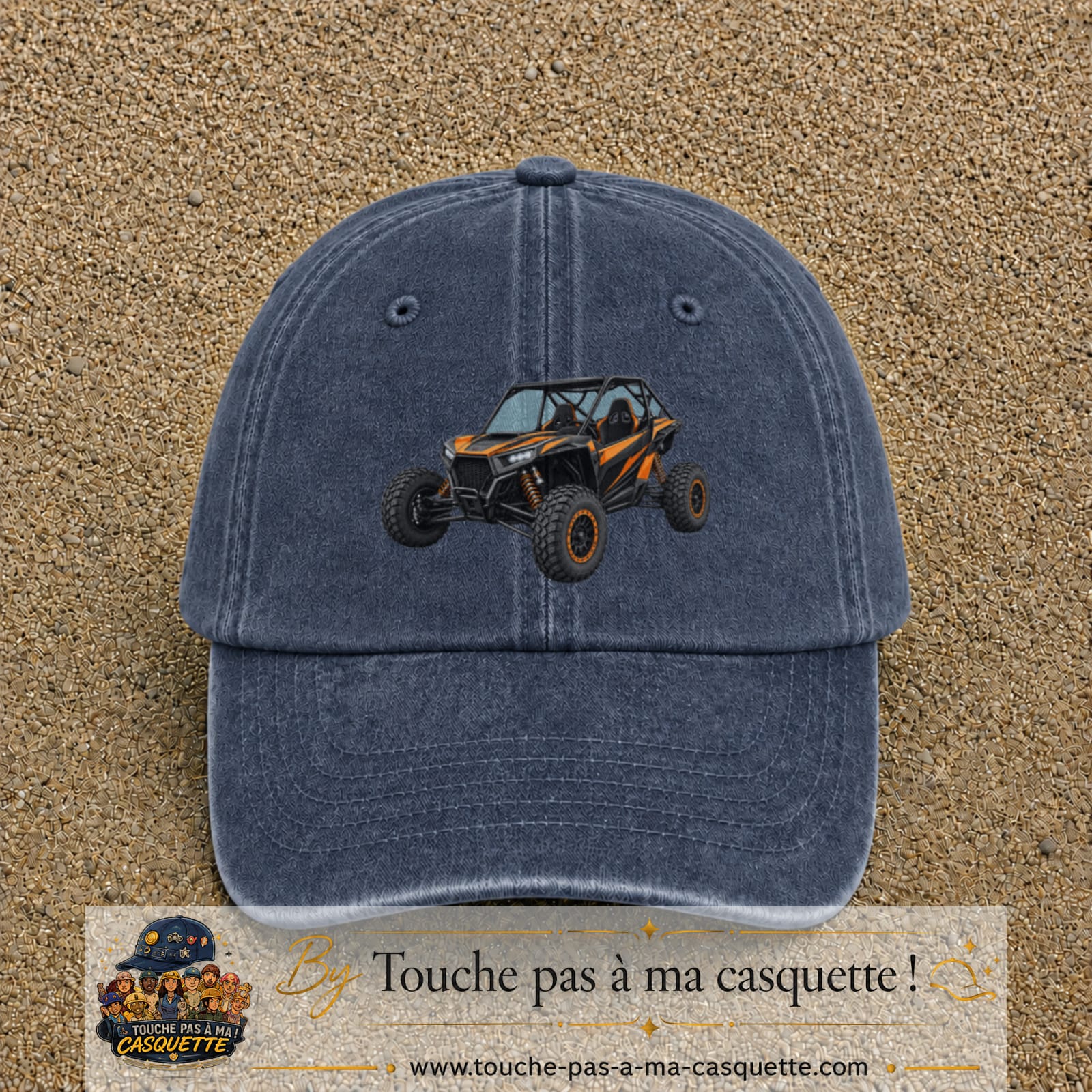 Casquette Bleu marine délavé 100% coton avec motif Buggy tout-terrain orange 7 cm - image principale