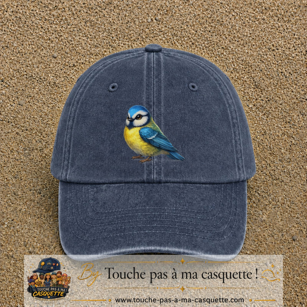 Casquette baseball Bleu marine délavé 100% coton avec visuel Mésange bleue 7 cm - image produit principale