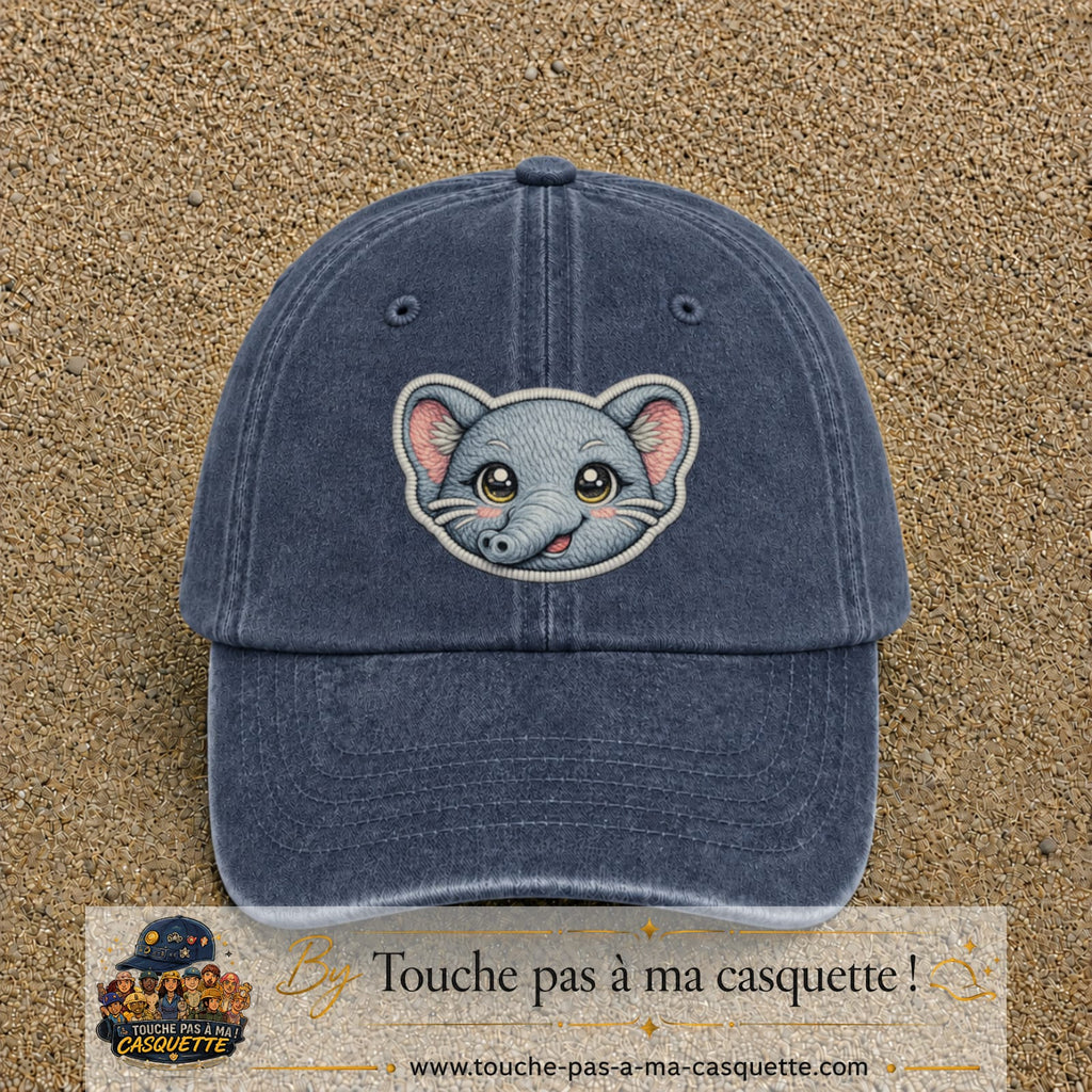 Casquette Bleu marine délavé motif Éléphant kawaii 7 cm - vue principale
