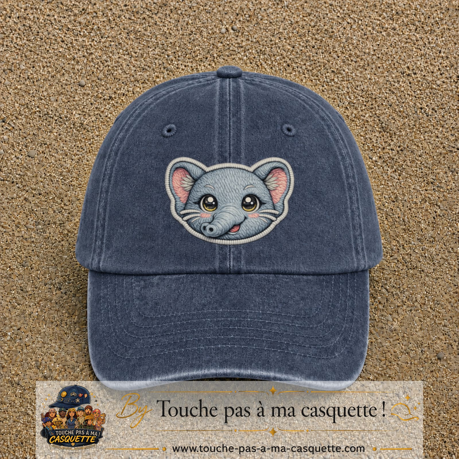 Casquette Bleu marine délavé motif Éléphant kawaii 7 cm - vue principale