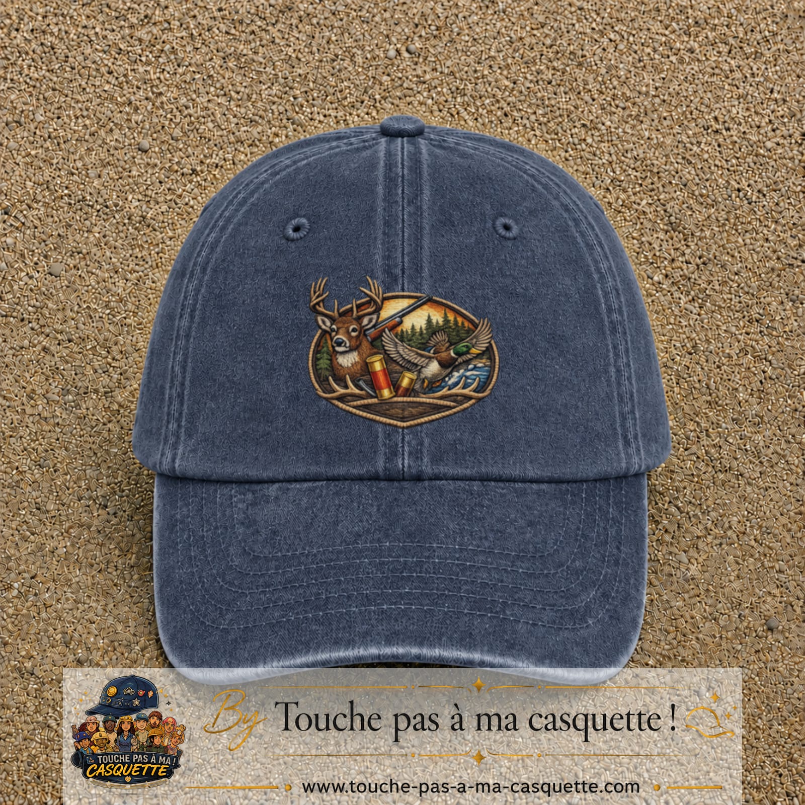 Casquette Bleu marine délavé motif Scène de chasse 7 cm - vue principale