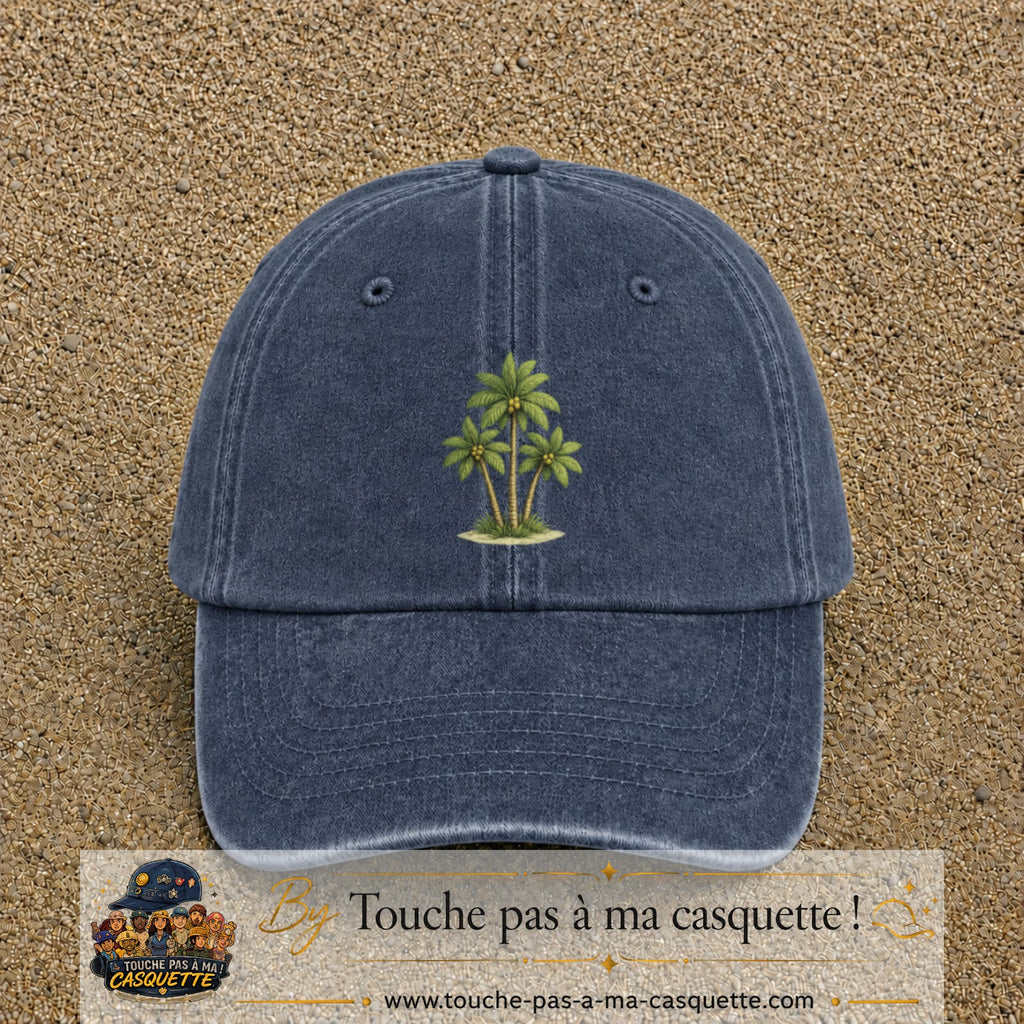 Casquette baseball Bleu marine délavé 100% coton avec visuel Palmiers tropicaux 7 cm - image produit principale