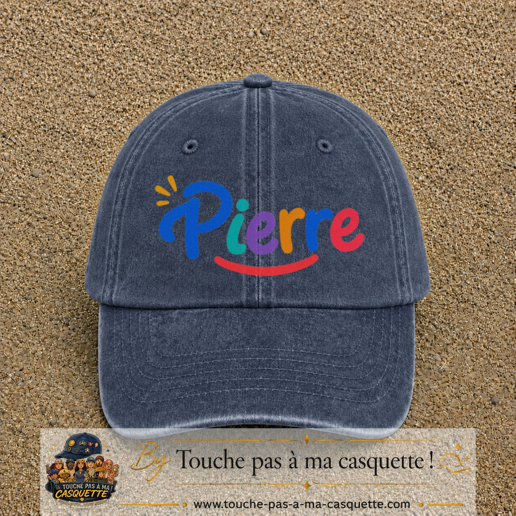 Casquette baseball Bleu marine délavé 100% coton avec visuel Prénom Pierre coloré 7 cm - image produit principale