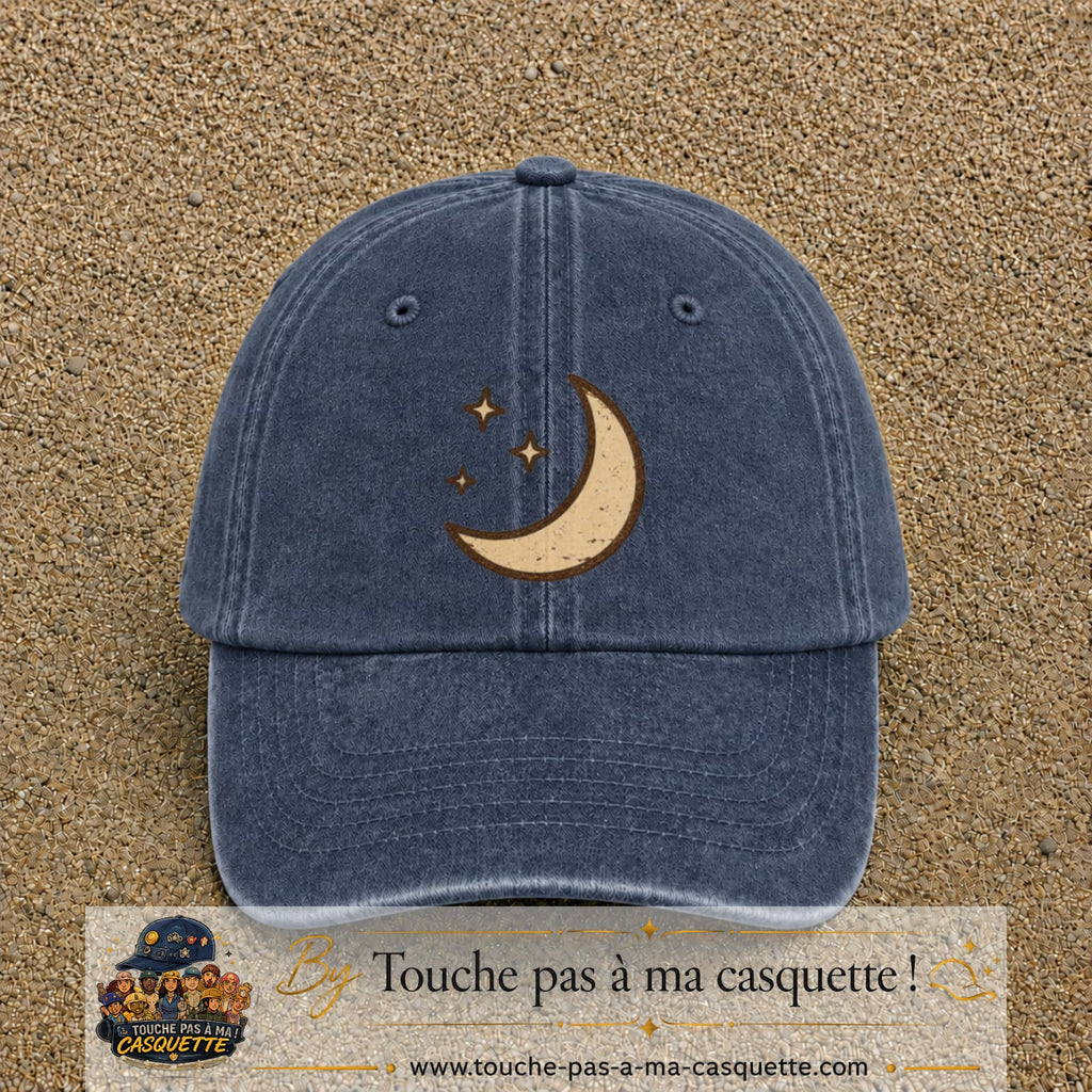 Casquette Bleu marine délavé 100% coton avec motif Lune et étoiles bohèmes 7 cm - image principale