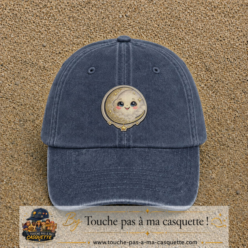 Casquette Bleu marine délavé motif Lune kawaii 7 cm - vue principale