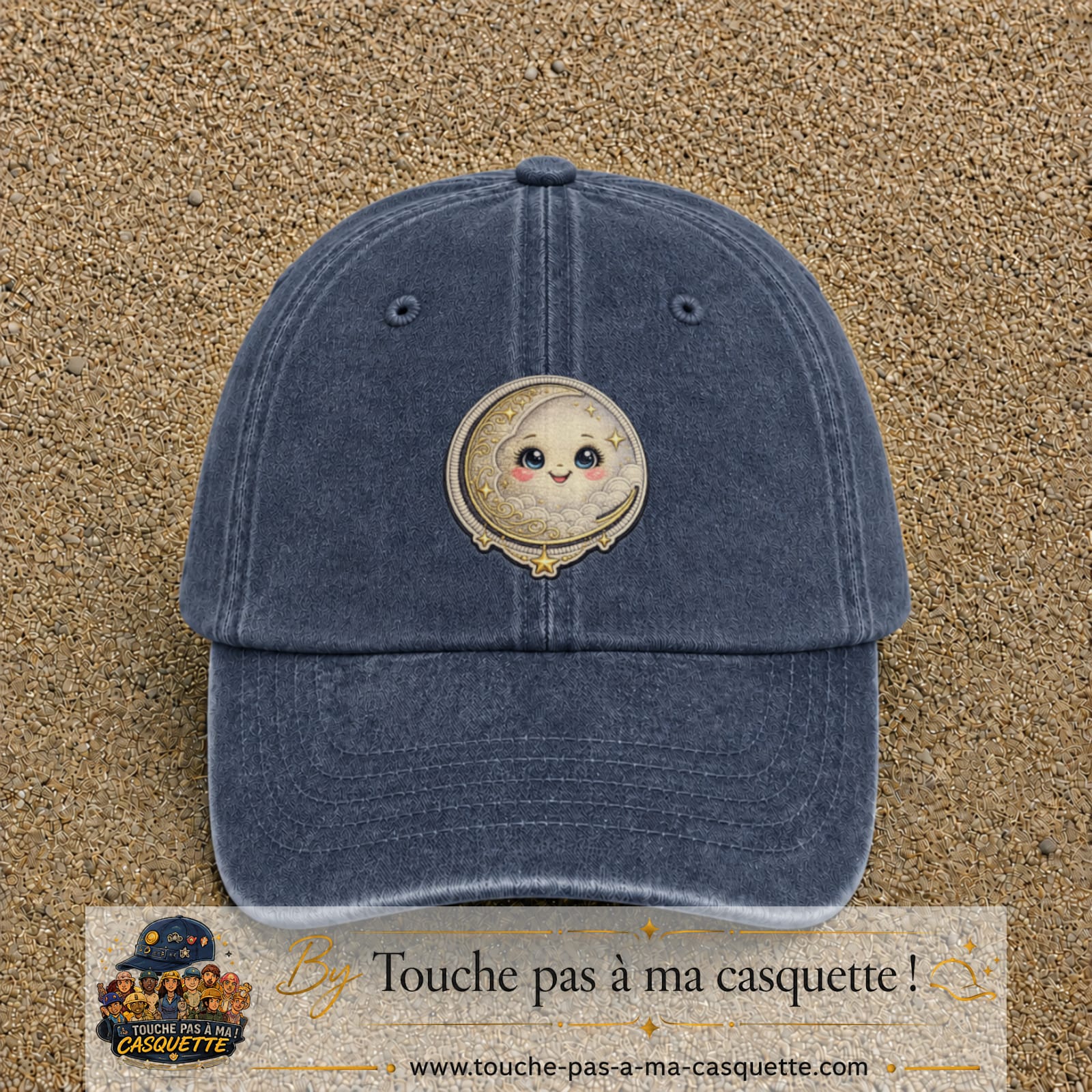 Casquette Bleu marine délavé motif Lune kawaii 7 cm - vue principale