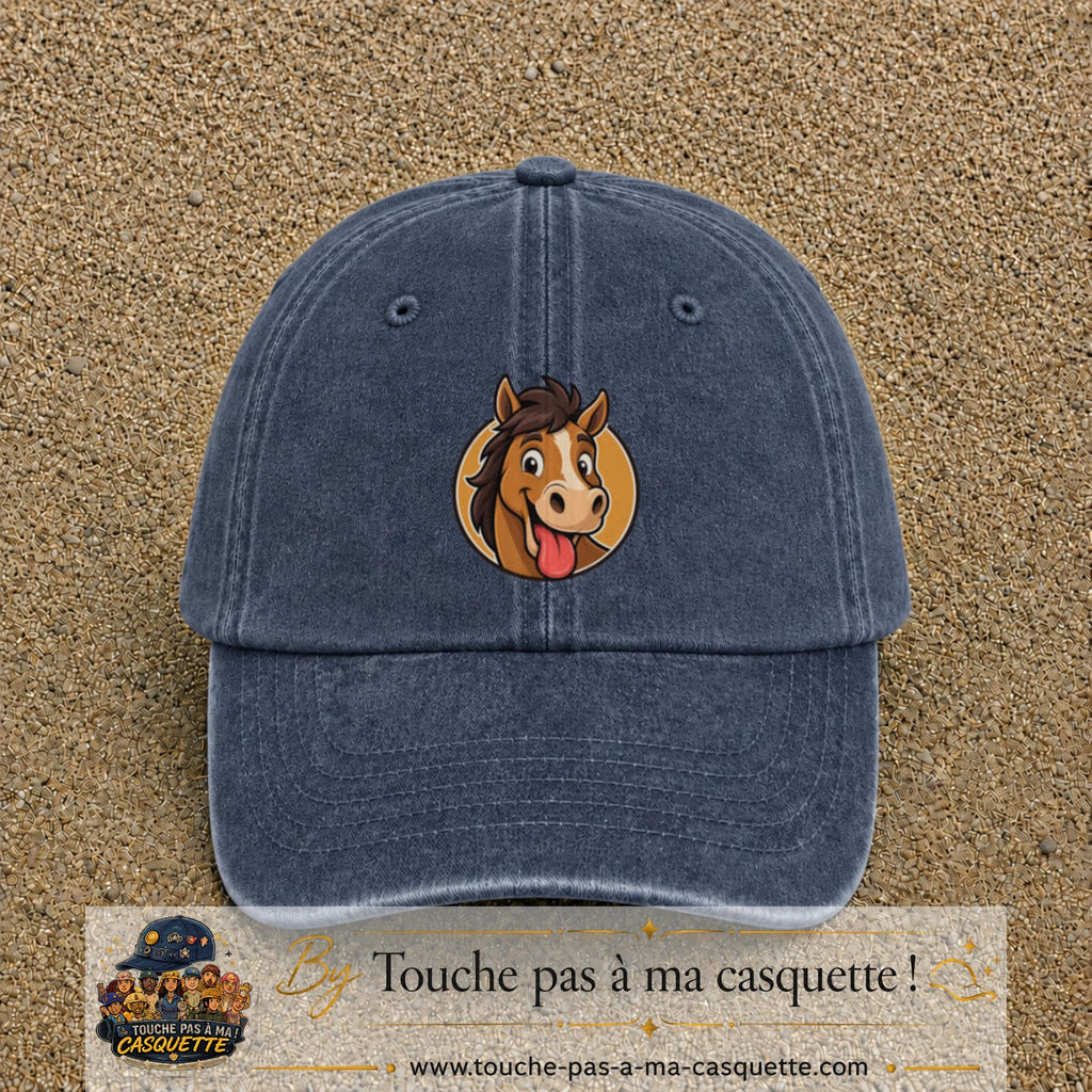 Casquette baseball Bleu marine délavé 100% coton avec visuel Cheval langue tirée 7 cm - image produit principale