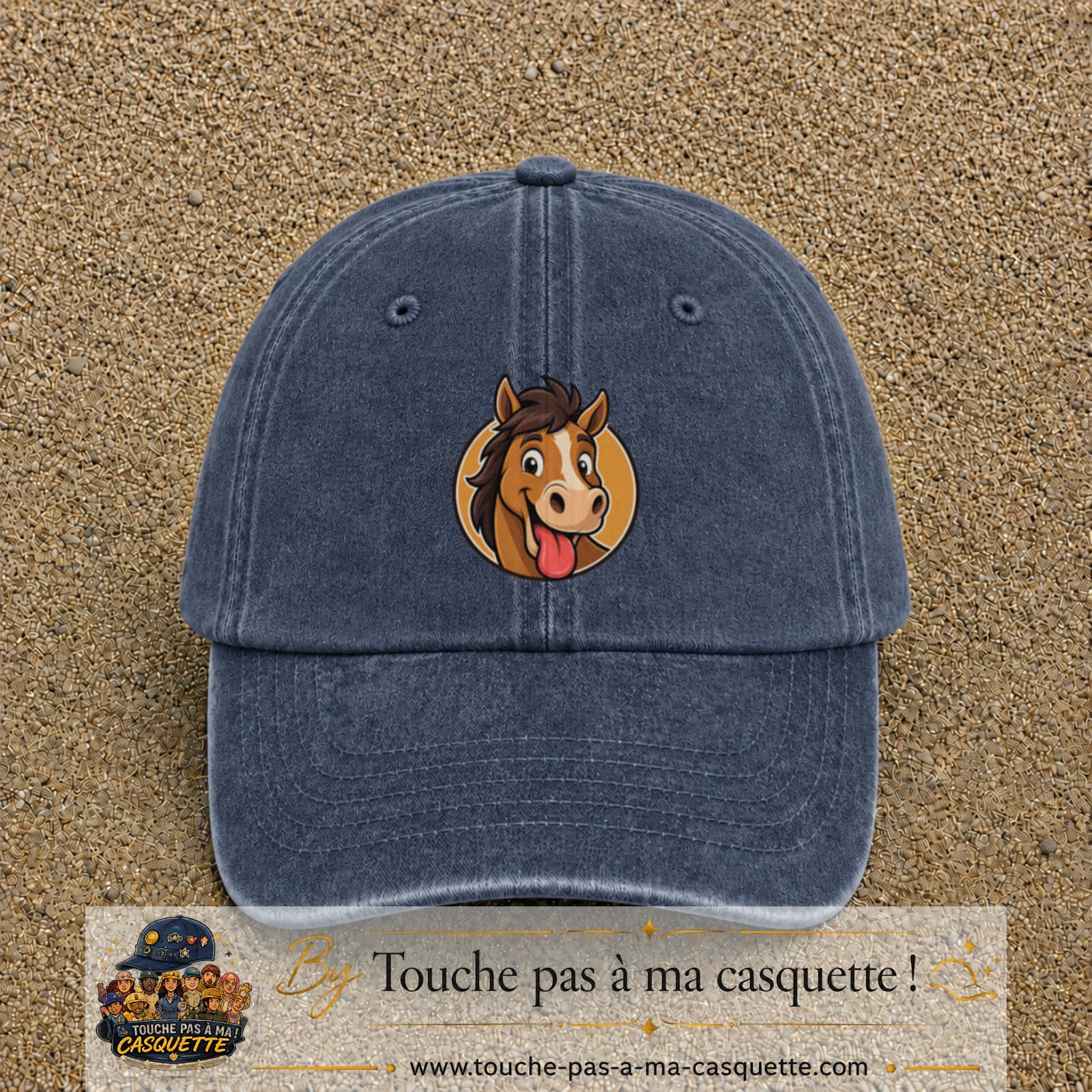 Casquette baseball Bleu marine délavé 100% coton avec visuel Cheval langue tirée 7 cm - image produit principale