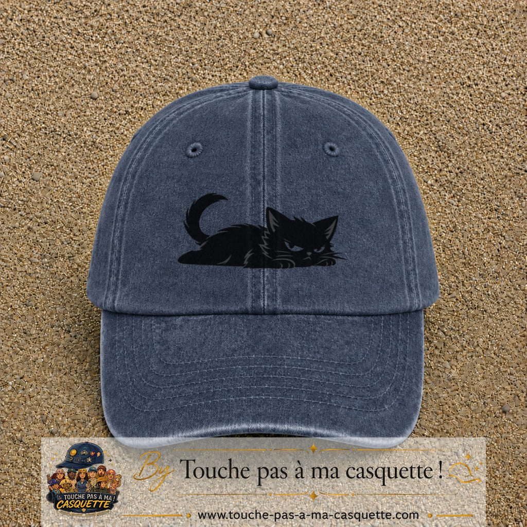 Casquette baseball Bleu marine délavé 100% coton avec visuel Chat noir couché 5 cm - image produit principale